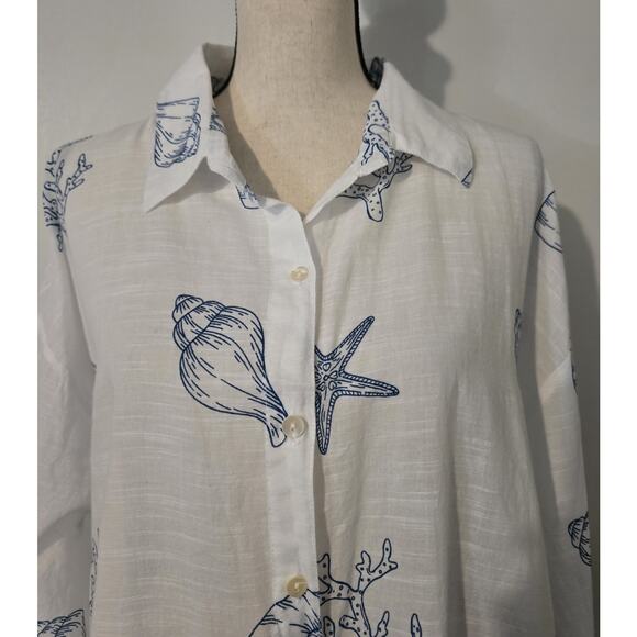 Women's Blue Island Blue/White Shells Top Tunic 100% Cotton Sz 3XL - Picture 2 of 7